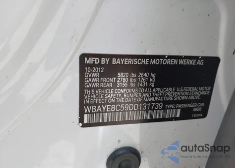 2013 BMW 750Li z USA, uszkodzony, nr VIN WBAYE8C59DD131739